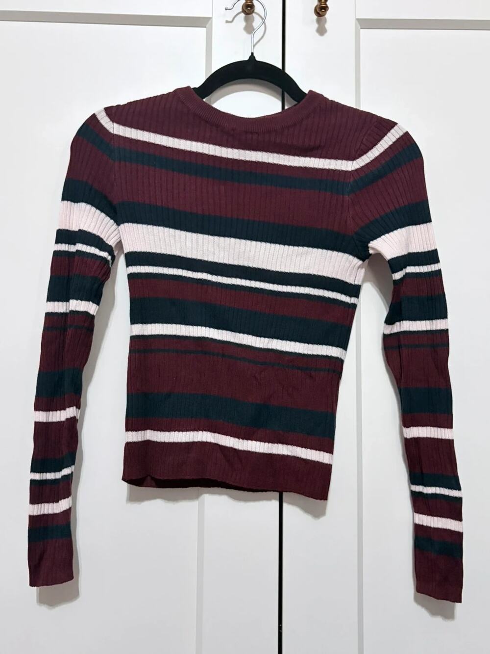 H&M Divided Burgundy, White & Navy Striped Rib-Knit Long Sleeve Top Size XS